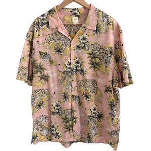 H&M LOGG Mens L Pink Tiger Print Hawaiian Shirt Luau Short Sleeve Cotton Preppy